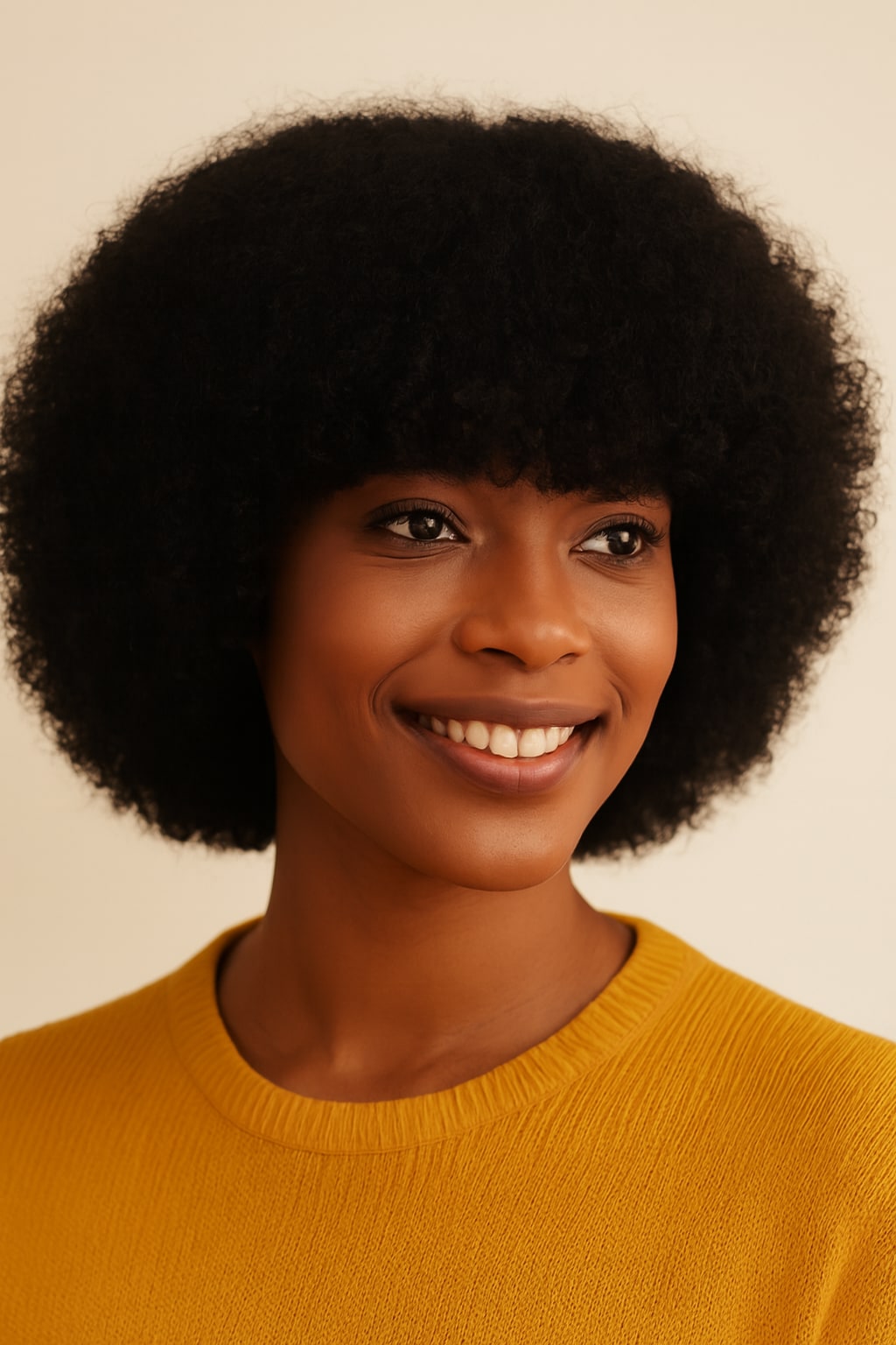 Short Afro Wig with Bangs, Natural Black, hairline and texture close-up