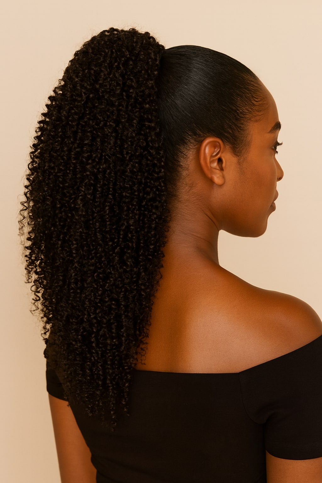 Curly Drawstring Ponytail, Natural Black, hairline and texture close-up
