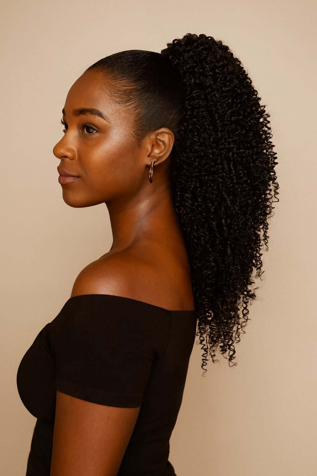 Curly Drawstring Ponytail, Natural Black, front view