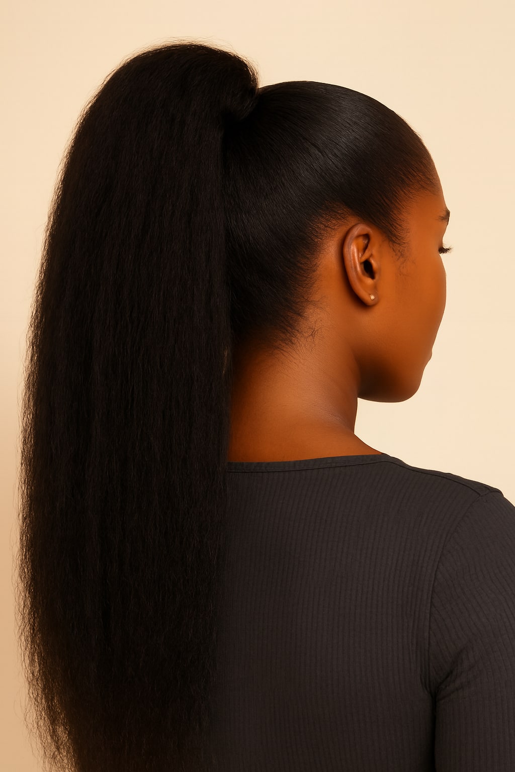Kinky Straight Ponytail, Natural Black, hairline and texture close-up