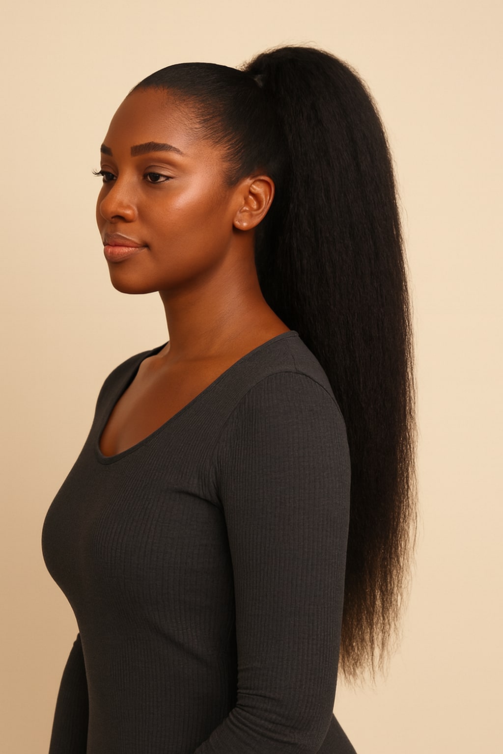Kinky Straight Ponytail, Natural Black, front view