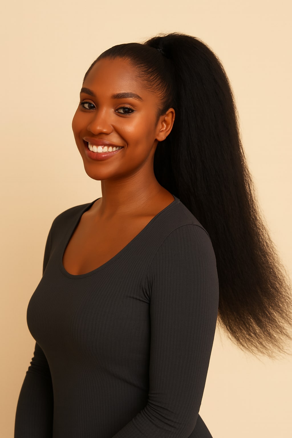 Kinky Straight Ponytail, Natural Black, side view