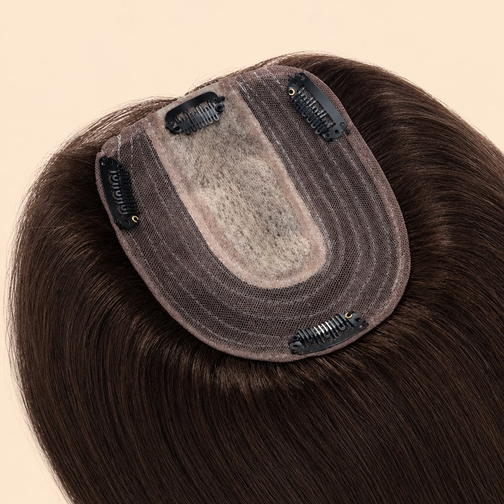 Human Hair Topper for Women with Thinning Hair, Dark Brown #2, silk base and clips