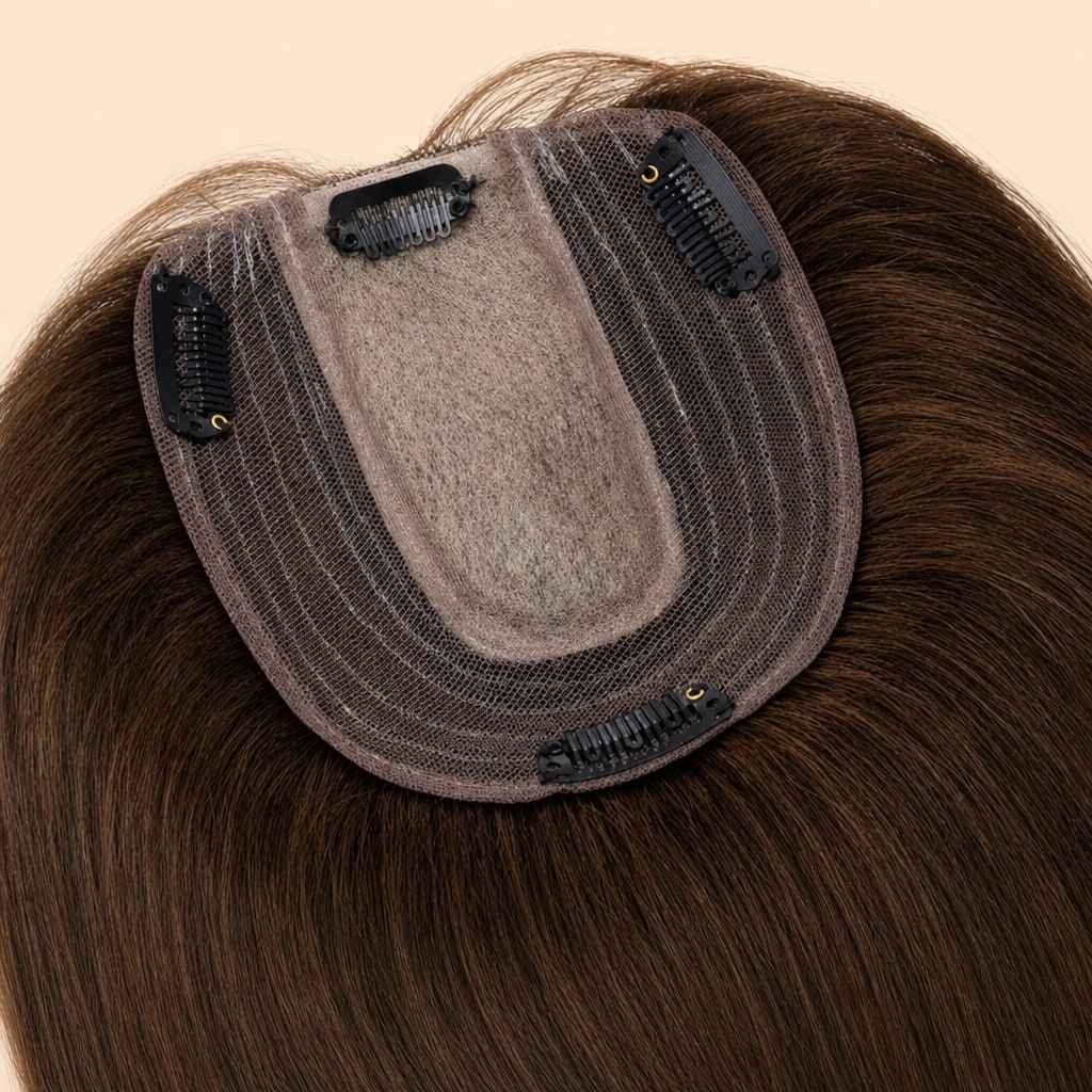 Human Hair Topper for Women with Thinning Hair, Medium Brown #4, silk base and clips