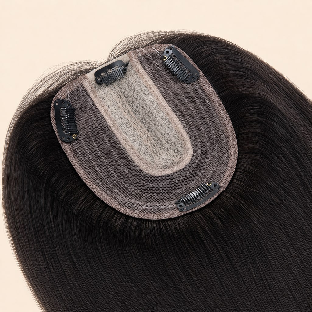 Human Hair Topper for Women with Thinning Hair, Natural Black #1B, silk base and clips