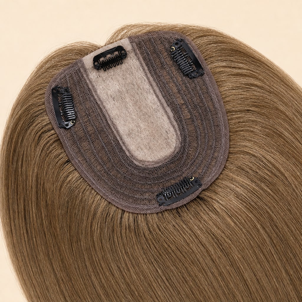 Human Hair Topper for Women with Thinning Hair, Light Brown #6, silk base and clips