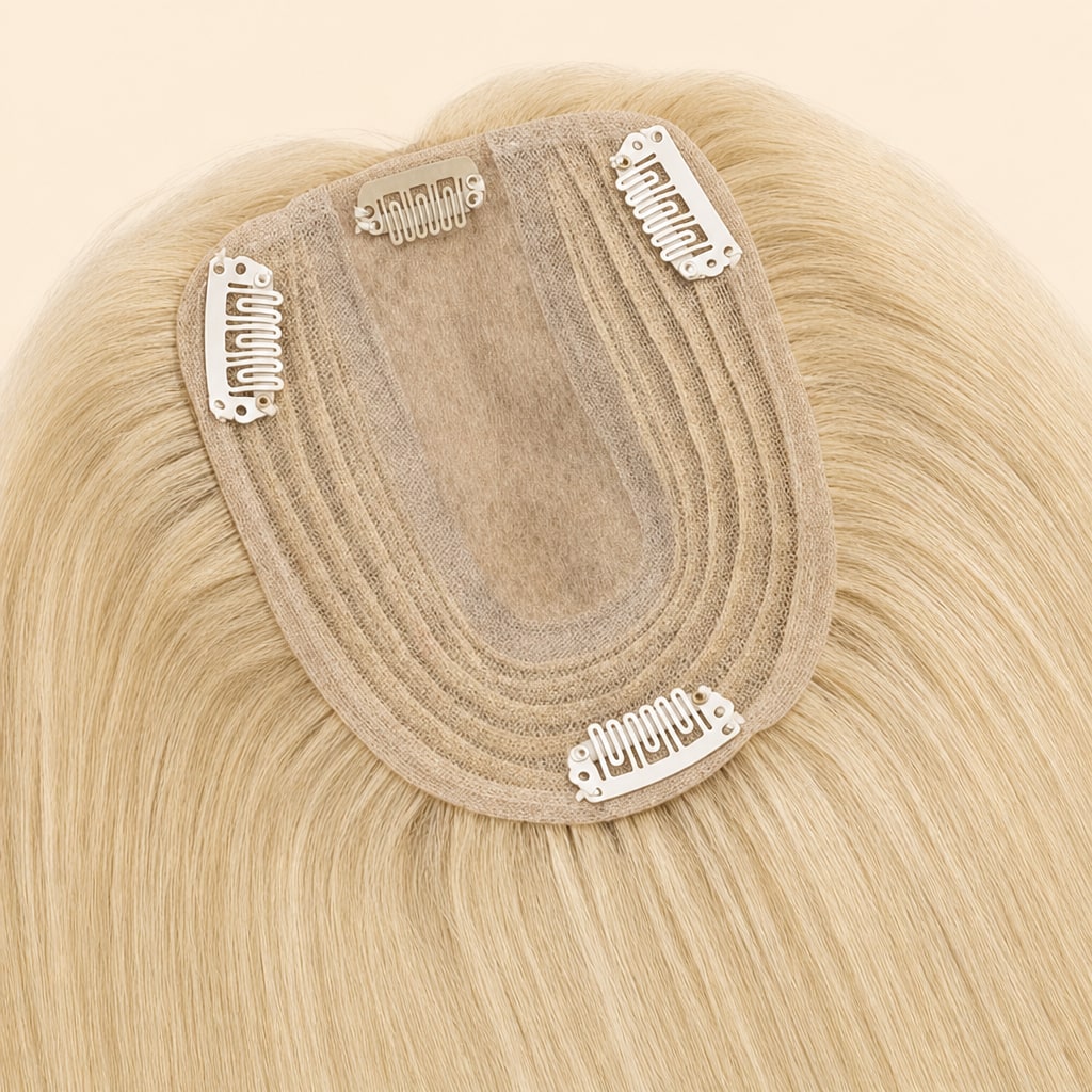 Human Hair Topper for Women with Thinning Hair, Light Golden Blonde #24, silk base and clips