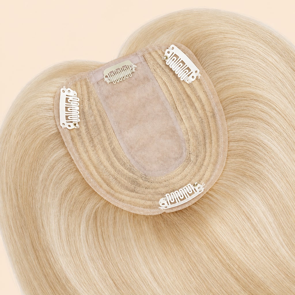 Human Hair Topper for Women with Thinning Hair, Ash Blonde Highlights #18P613, silk base and clips