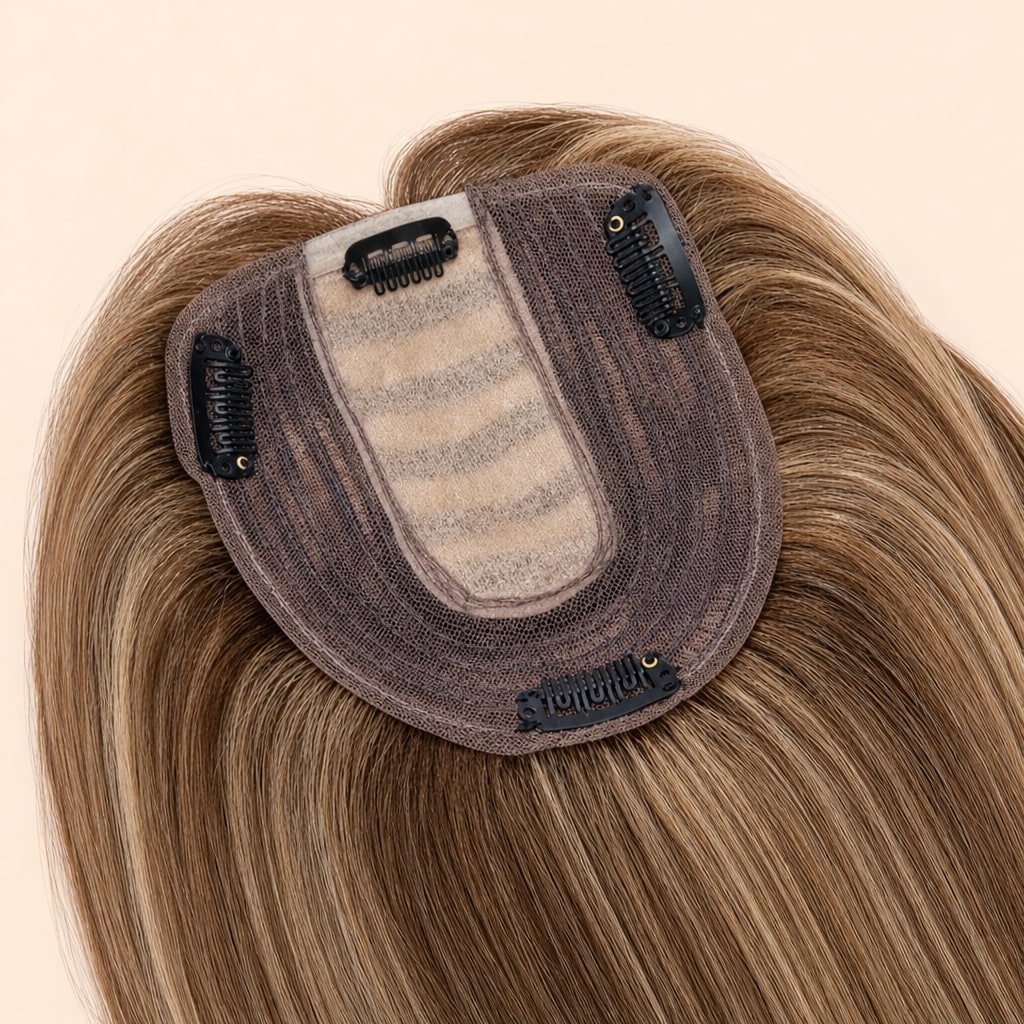 Human Hair Topper for Women with Thinning Hair, Brown Honey Highlights #4P27, silk base and clips