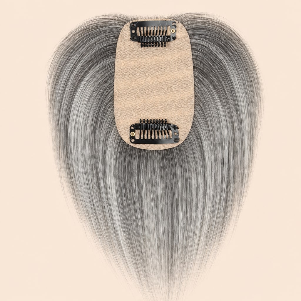 Salt and Pepper Gray Hair Topper with Bangs for Women with Thinning Hair, Salt and Pepper Grey, base and clips