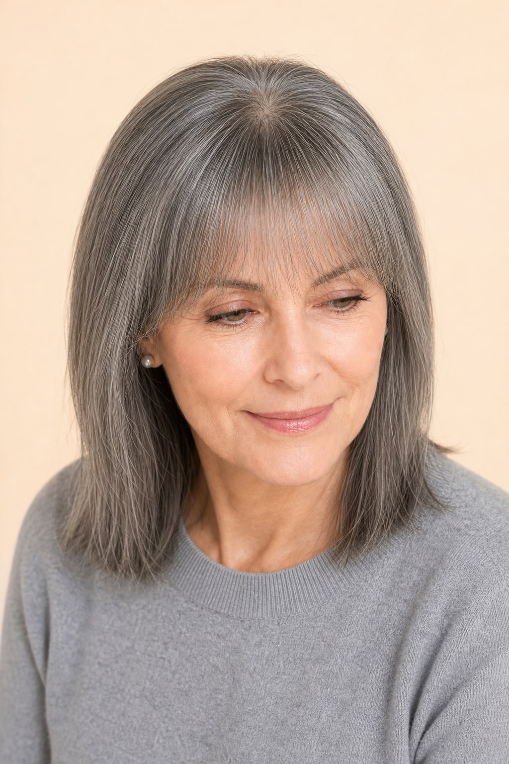 Salt and Pepper Gray Hair Topper with Bangs for Women with Thinning Hair, Salt and Pepper Grey, hairline and texture close-up