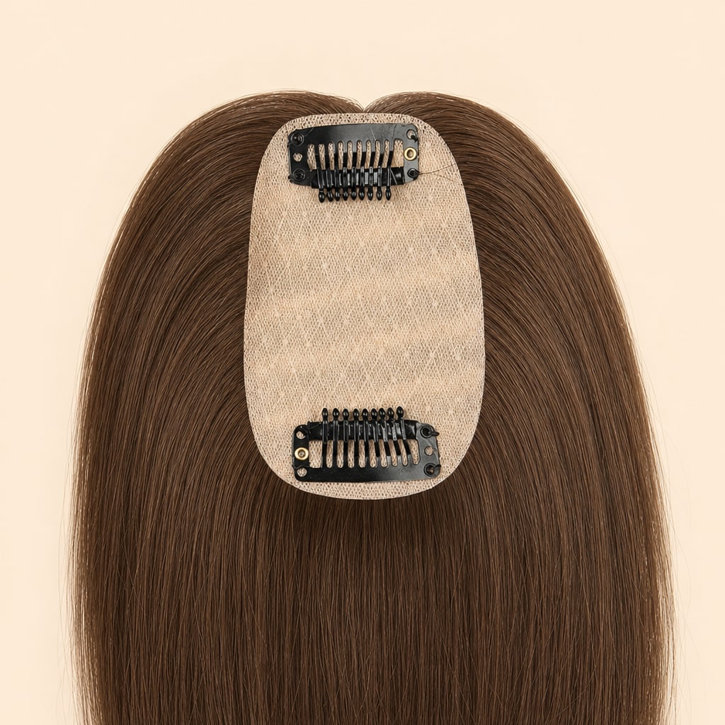 Human Hair Topper with Bangs for Women with Thinning Hair, Medium Brown #4, base and clips