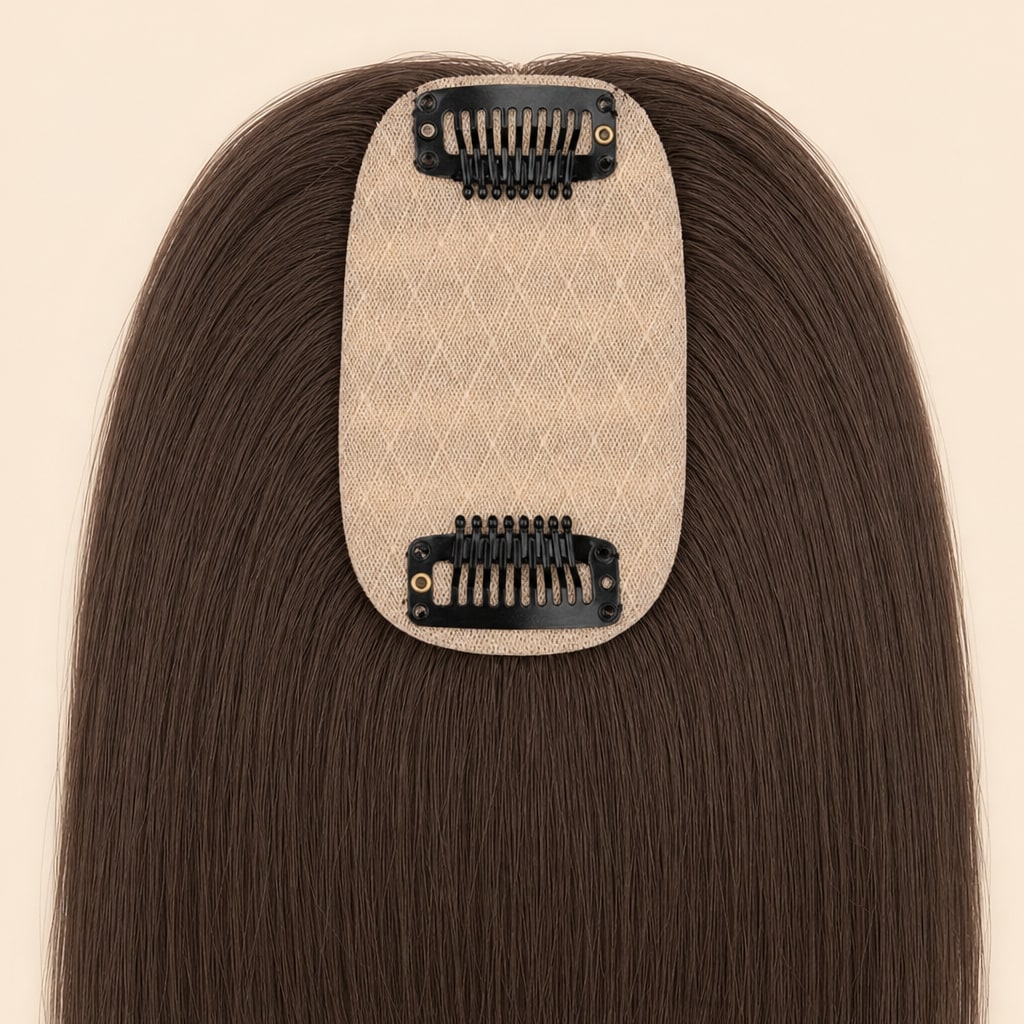 Human Hair Topper with Bangs for Women with Thinning Hair, Dark Brown #2, base and clips