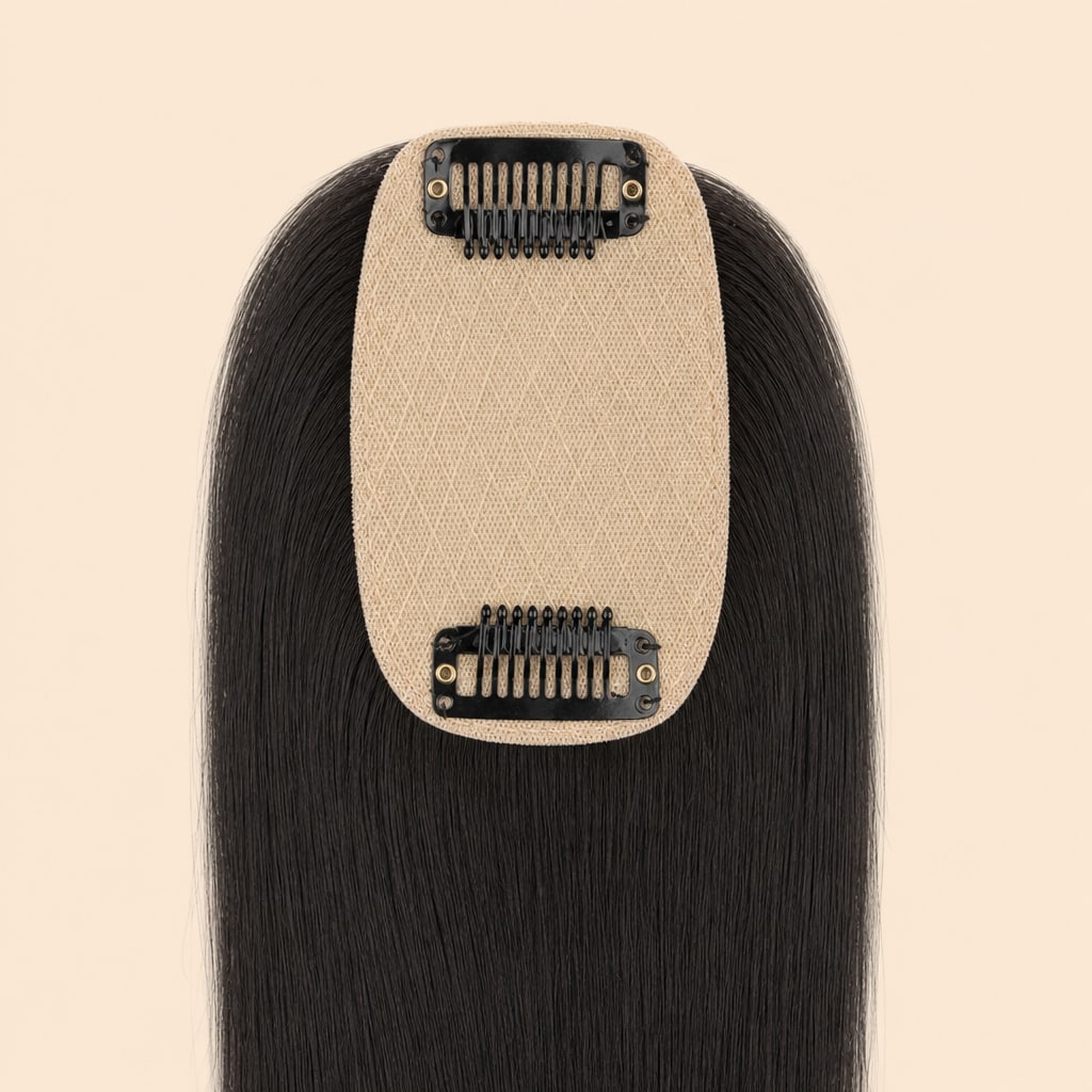 Human Hair Topper with Bangs for Women with Thinning Hair, Natural Black #1B, base and clips