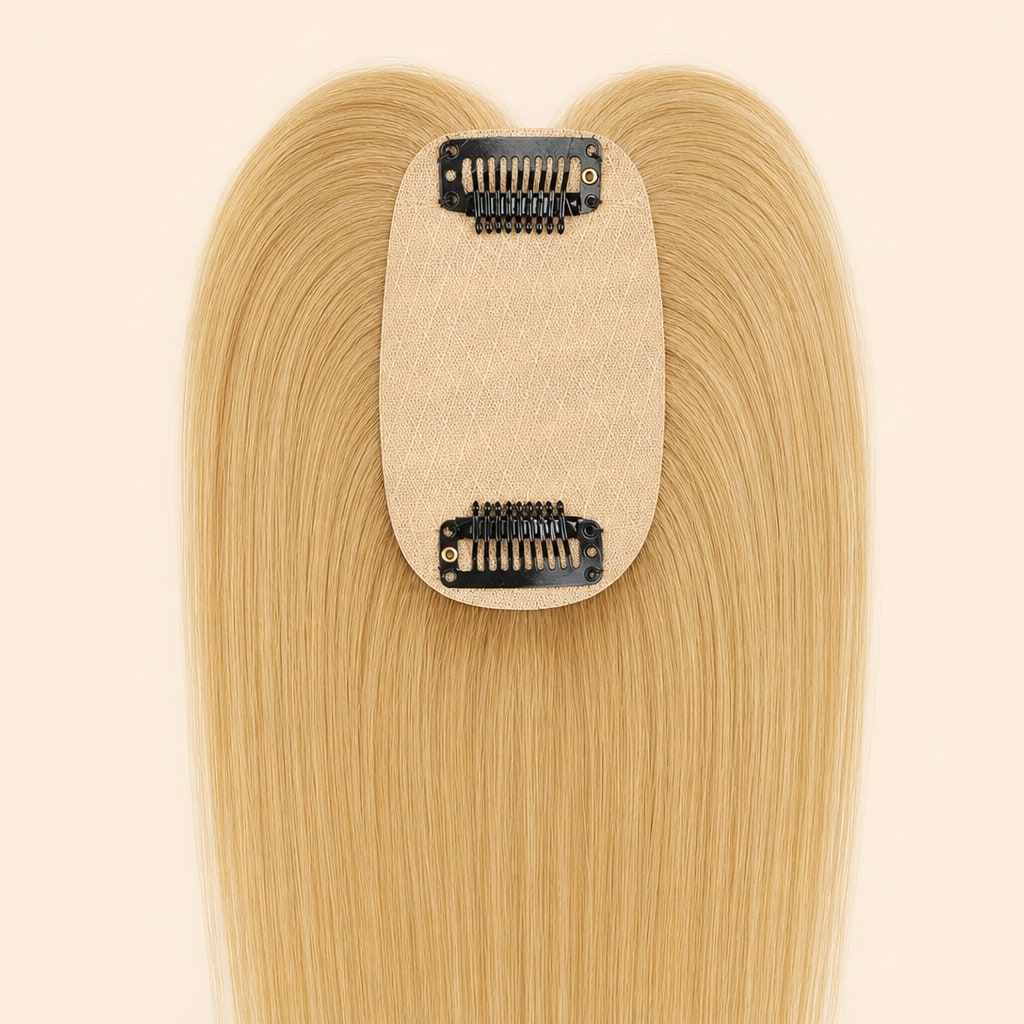 Blonde Hair Topper with Bangs for Women with Thinning Hair, Honey Blonde #27, base and clips