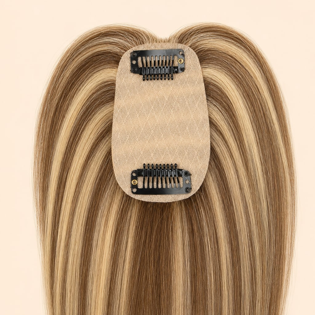 Highlighted Hair Topper with Bangs for Women with Thinning Hair, Brown with Honey Blonde Highlights #P4-27, base and clips