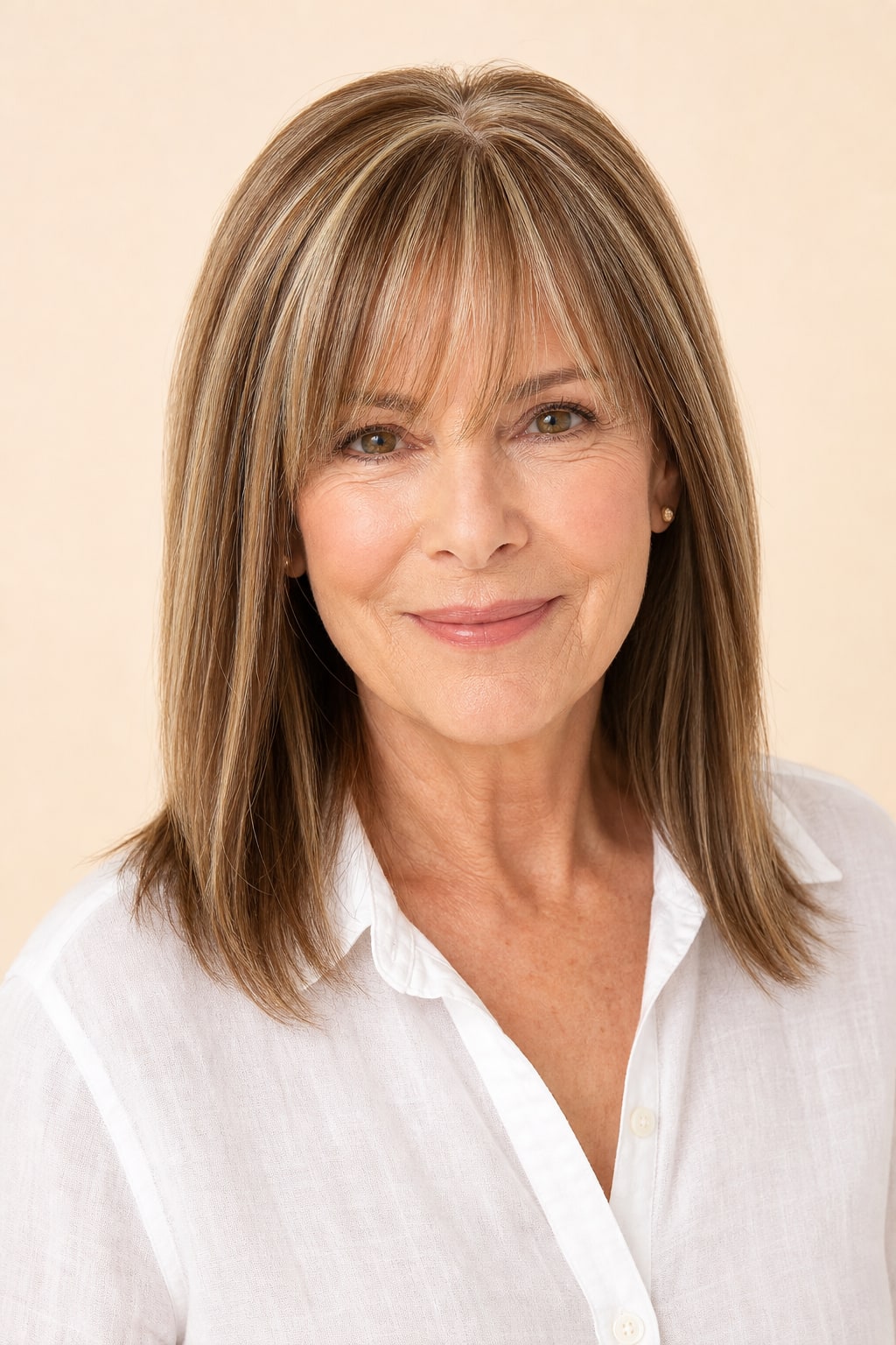 Highlighted Hair Topper with Bangs for Women with Thinning Hair, Brown with Honey Blonde Highlights #P4-27, front view