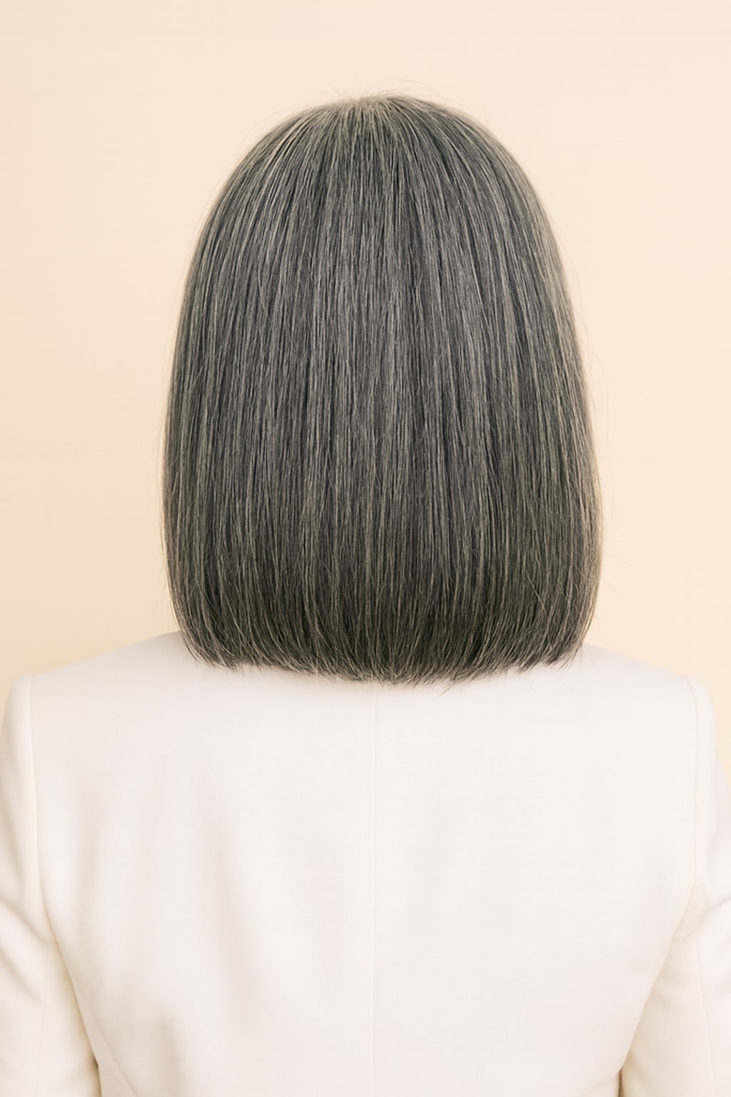 Hair Labs salt and pepper grey straight bob wig, back view