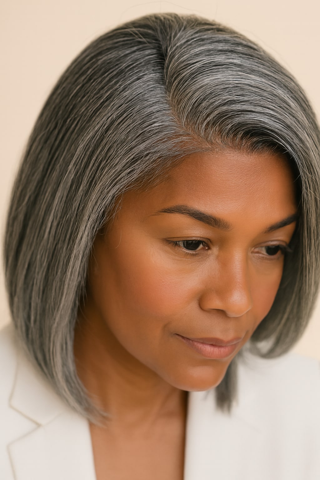 Hair Labs salt and pepper grey straight bob wig, hairline and part close-up