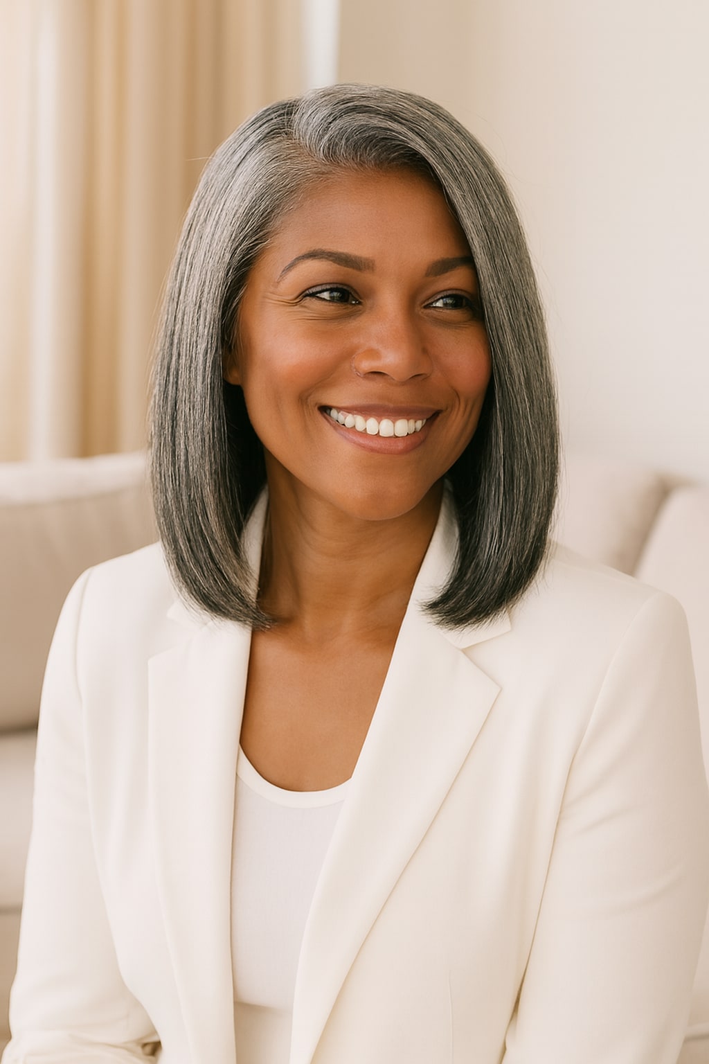 Hair Labs salt and pepper grey straight bob wig, worn in daylight