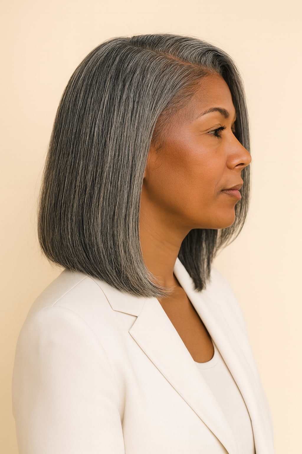 Hair Labs salt and pepper grey straight bob wig, side profile
