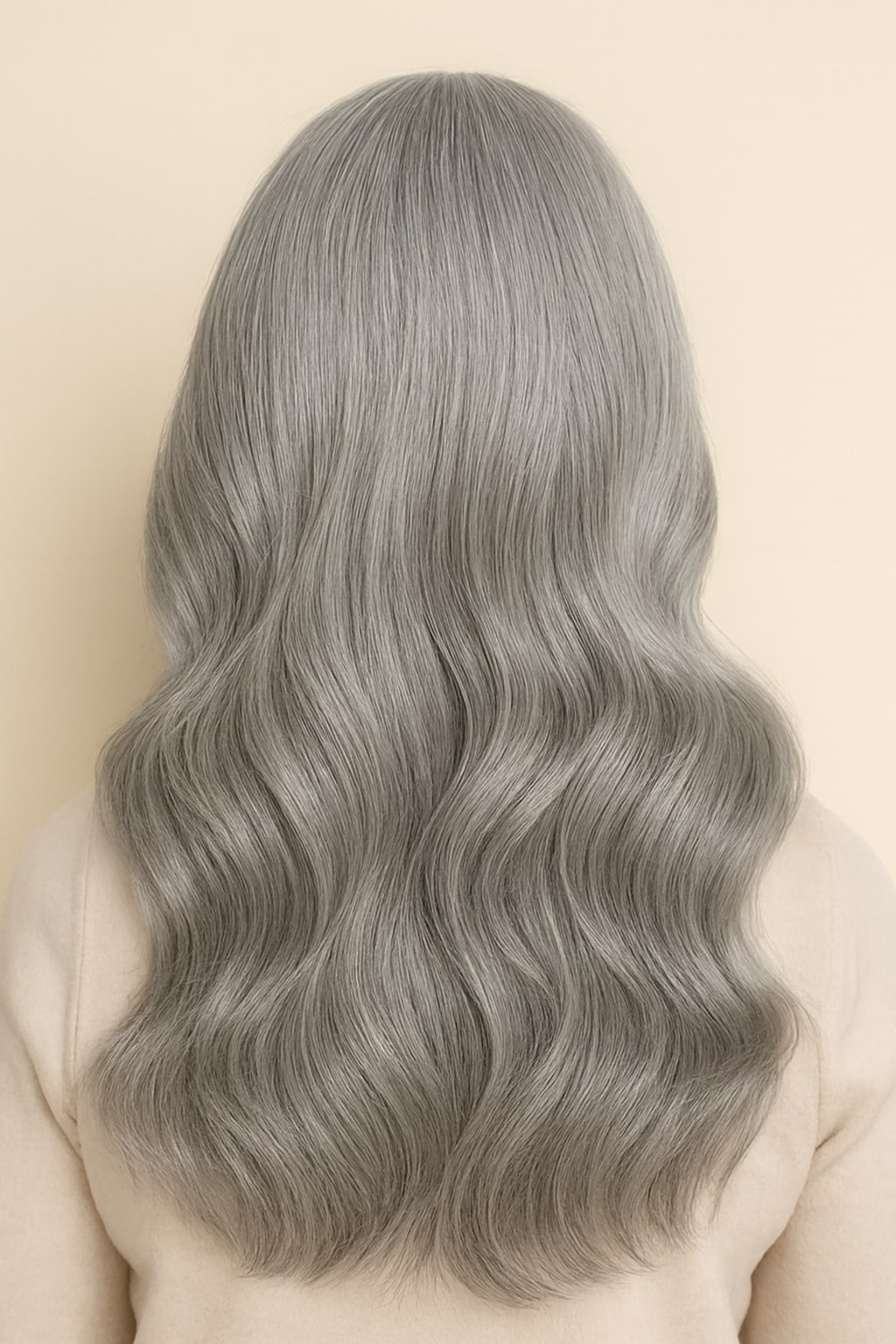 Hair Labs silver grey body wave wig, back view