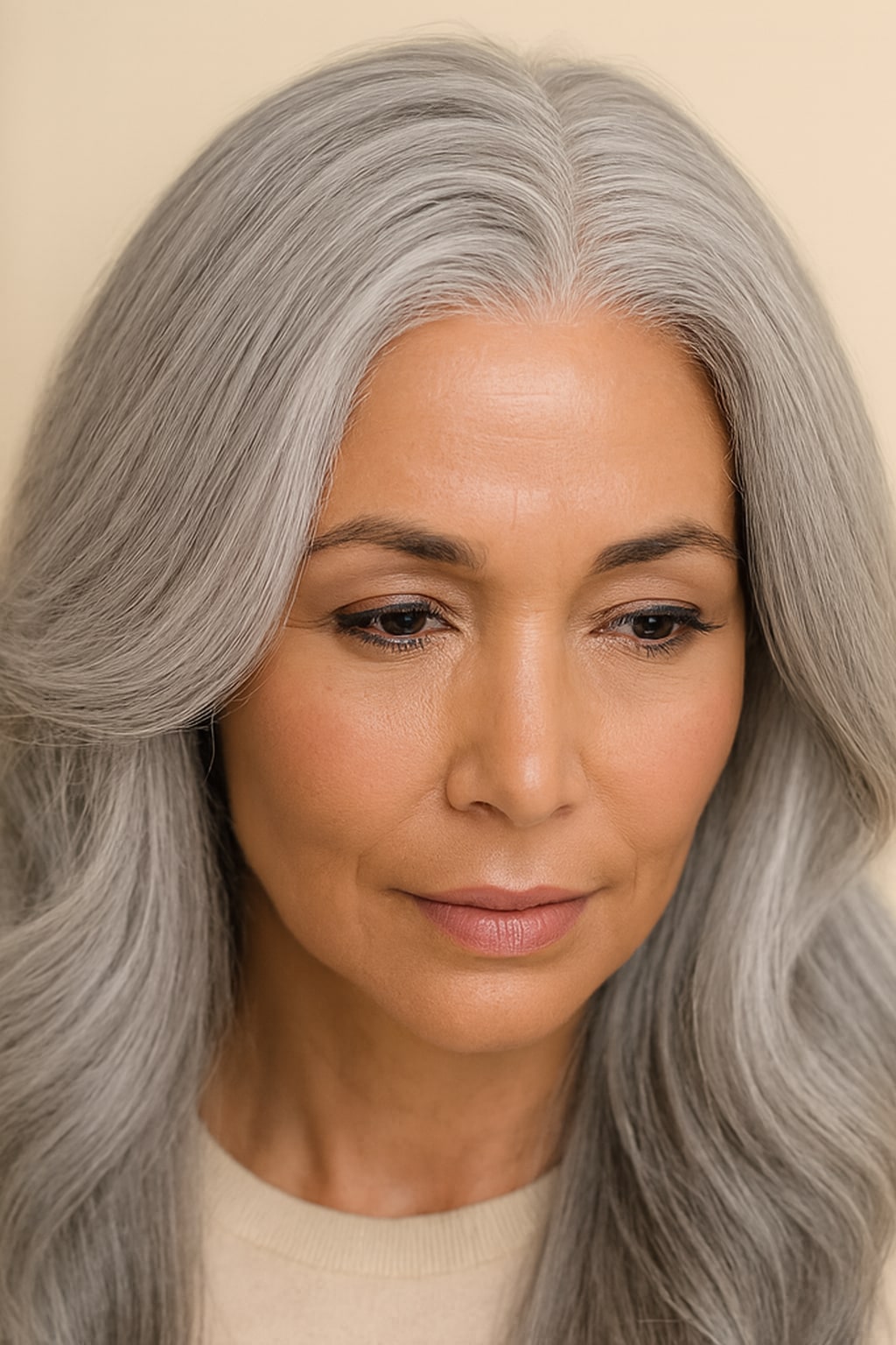 Hair Labs silver grey body wave wig, hairline and part close-up