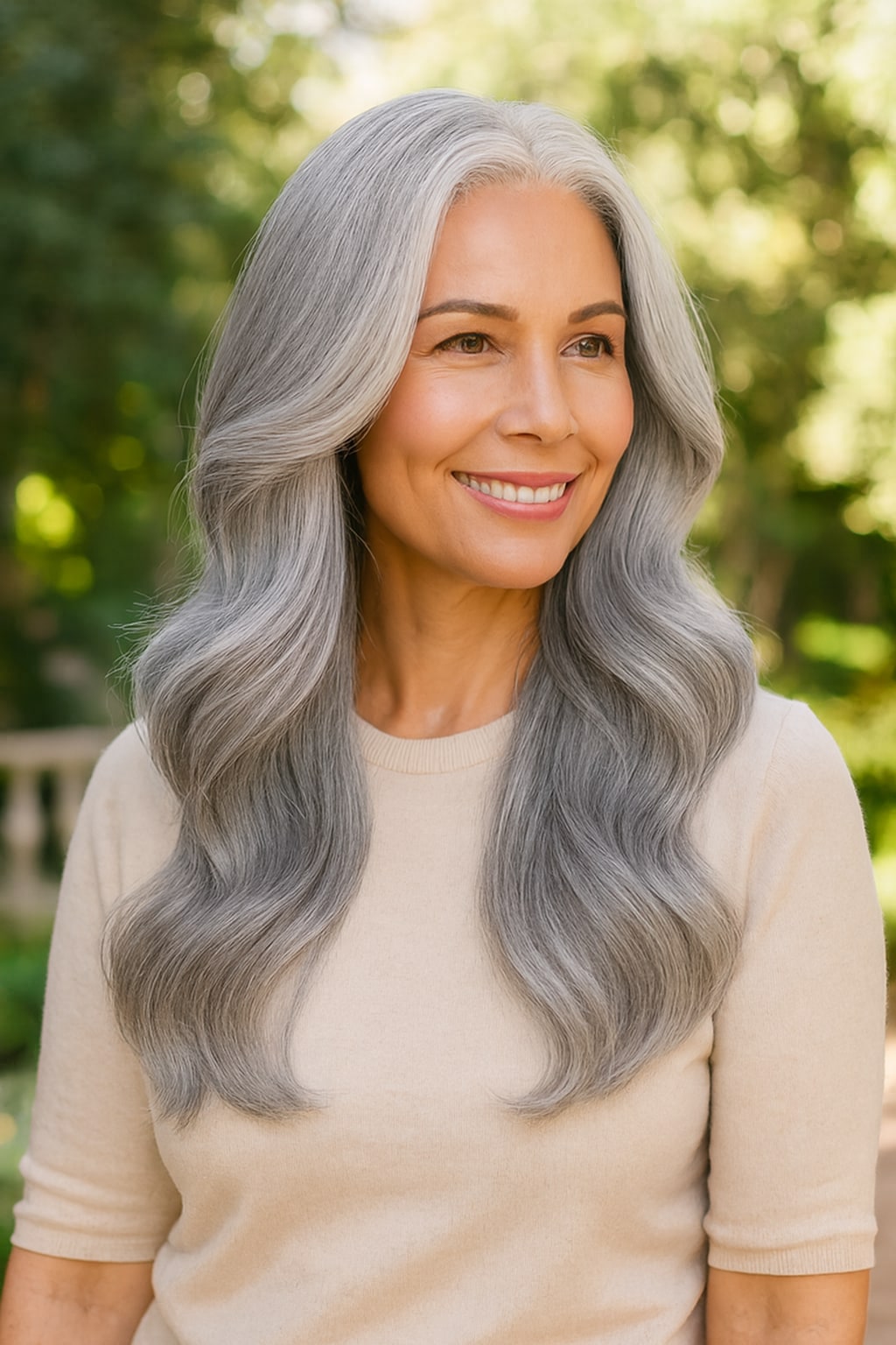 Hair Labs silver grey body wave wig, worn in daylight