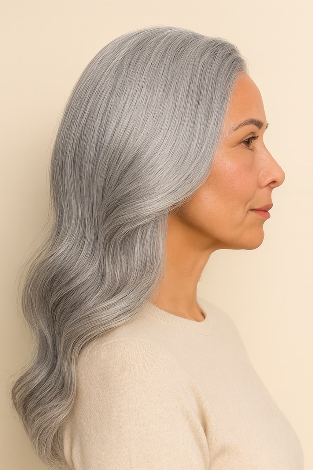 Hair Labs silver grey body wave wig, side profile