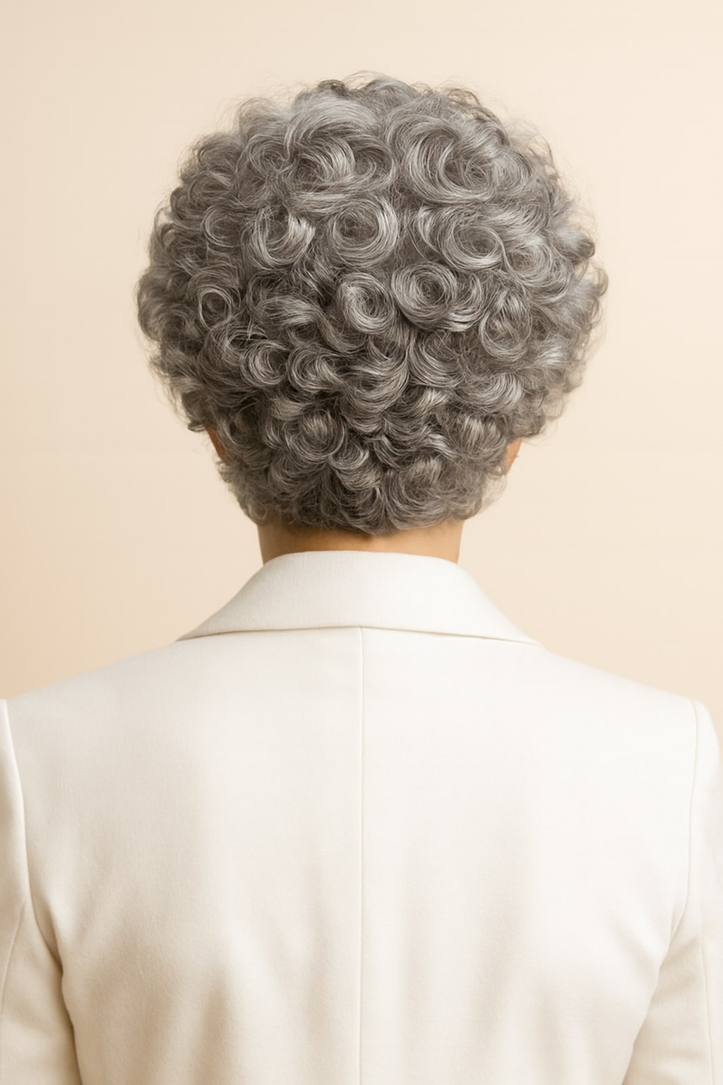 Hair Labs salt and pepper grey curly pixie wig, back view