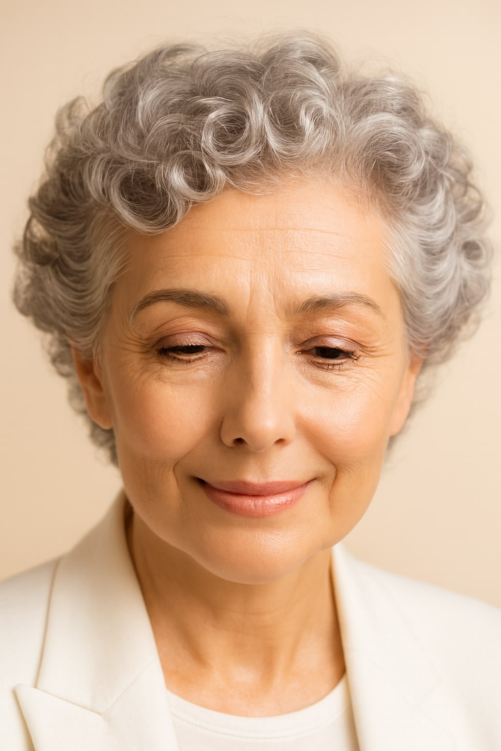 Hair Labs salt and pepper grey curly pixie wig, hairline and part close-up