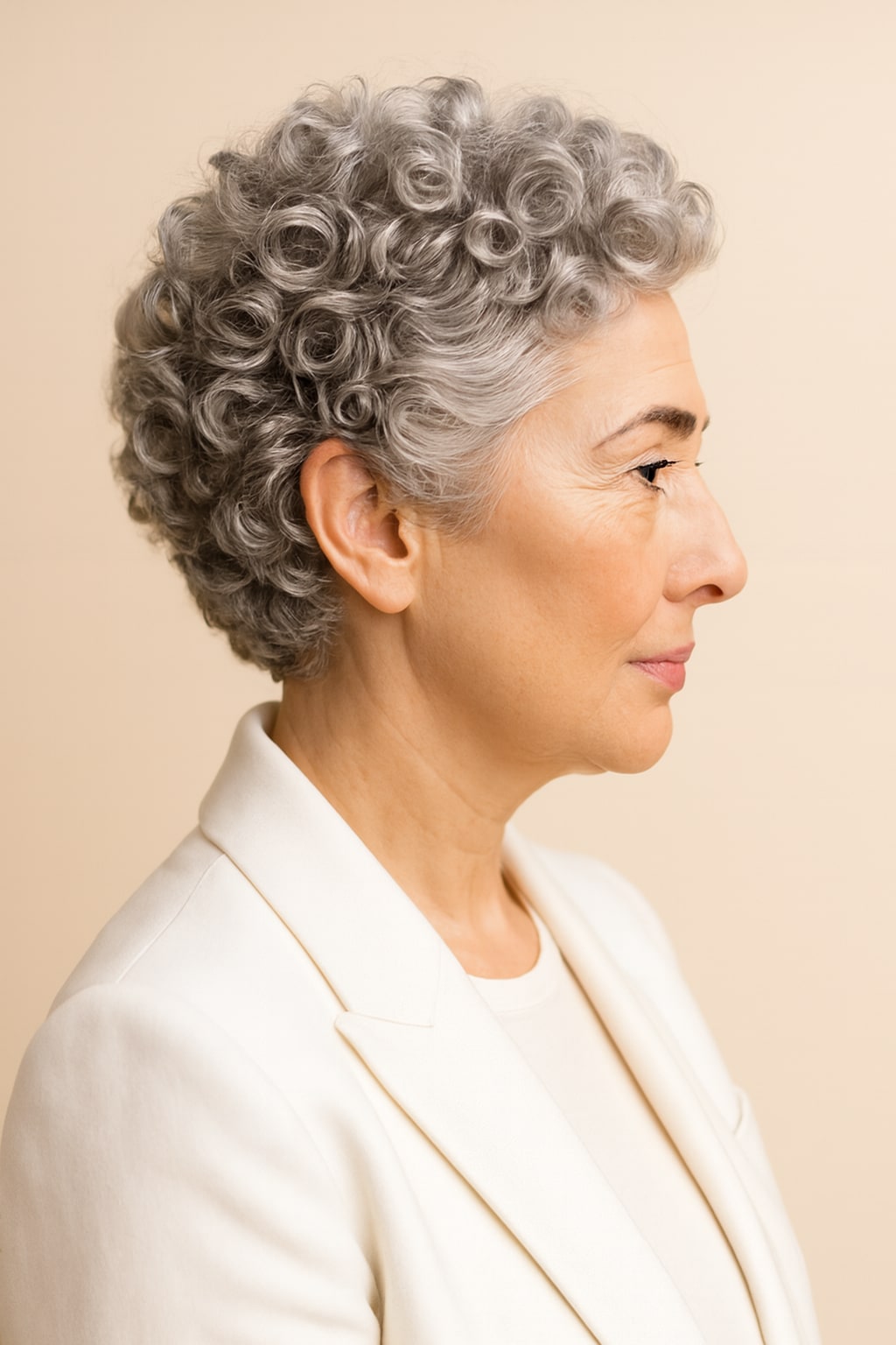 Hair Labs salt and pepper grey curly pixie wig, side profile
