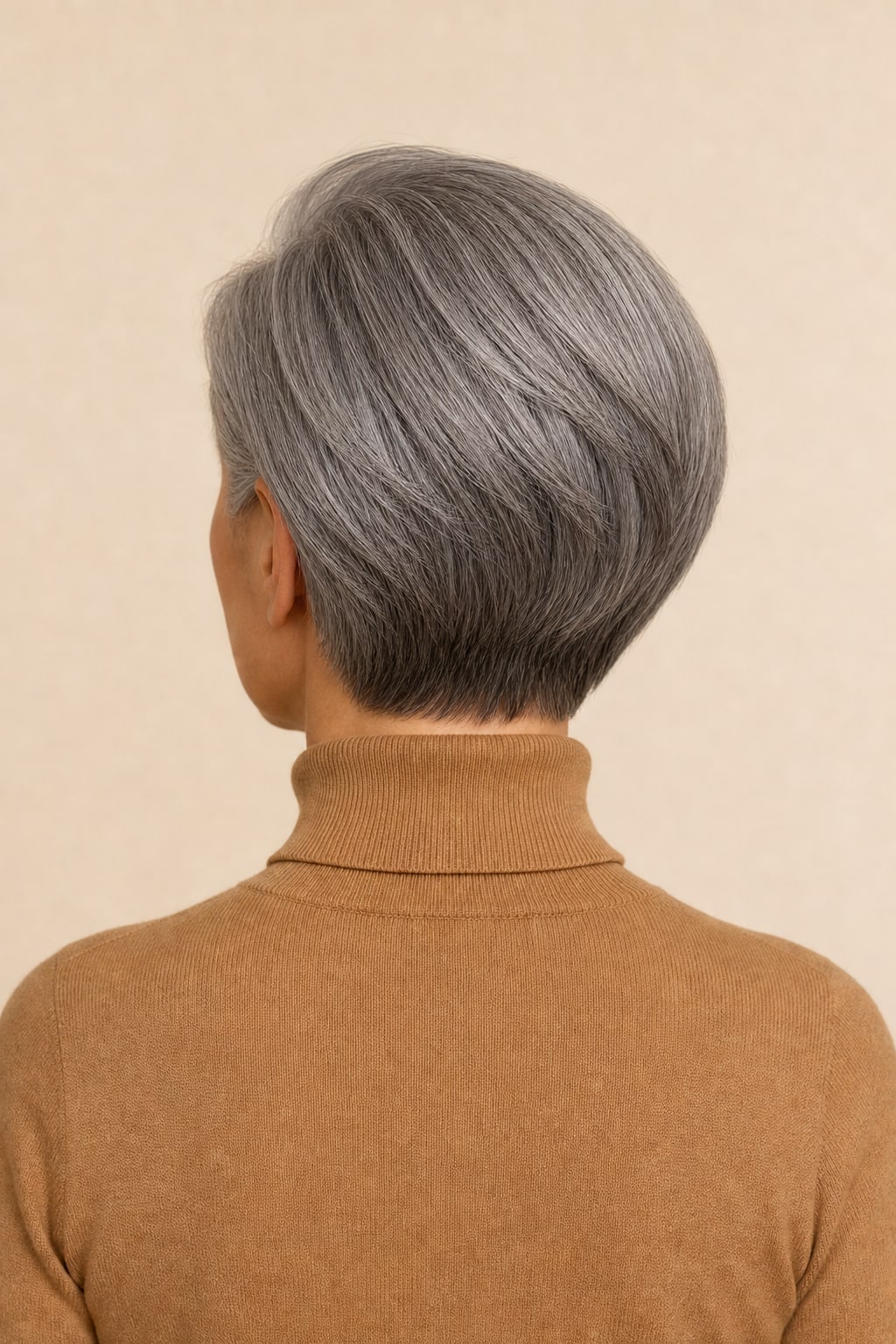 Hair Labs salt and pepper grey pixie bob wig, back view