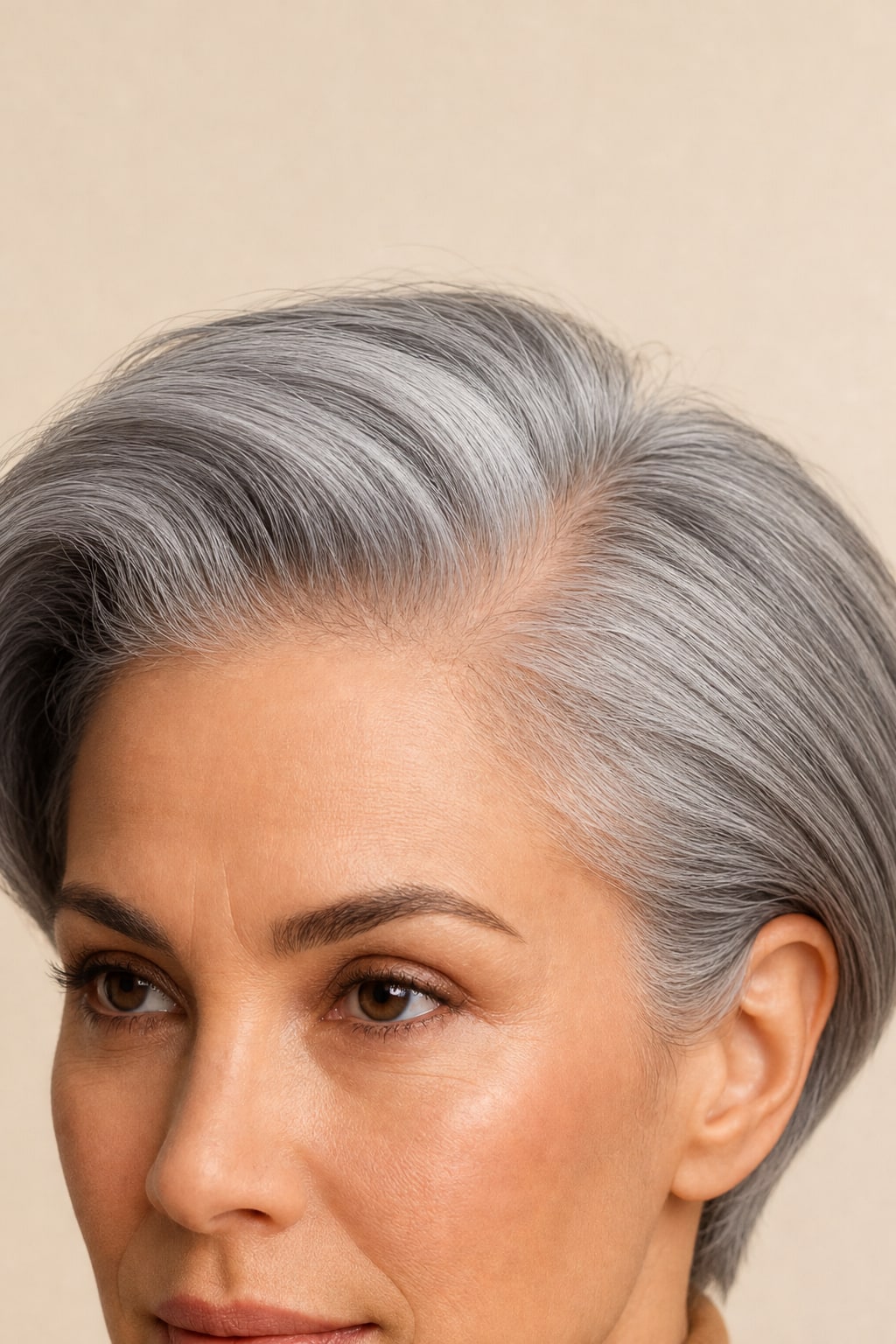 Hair Labs salt and pepper grey pixie bob wig, hairline and side part close-up