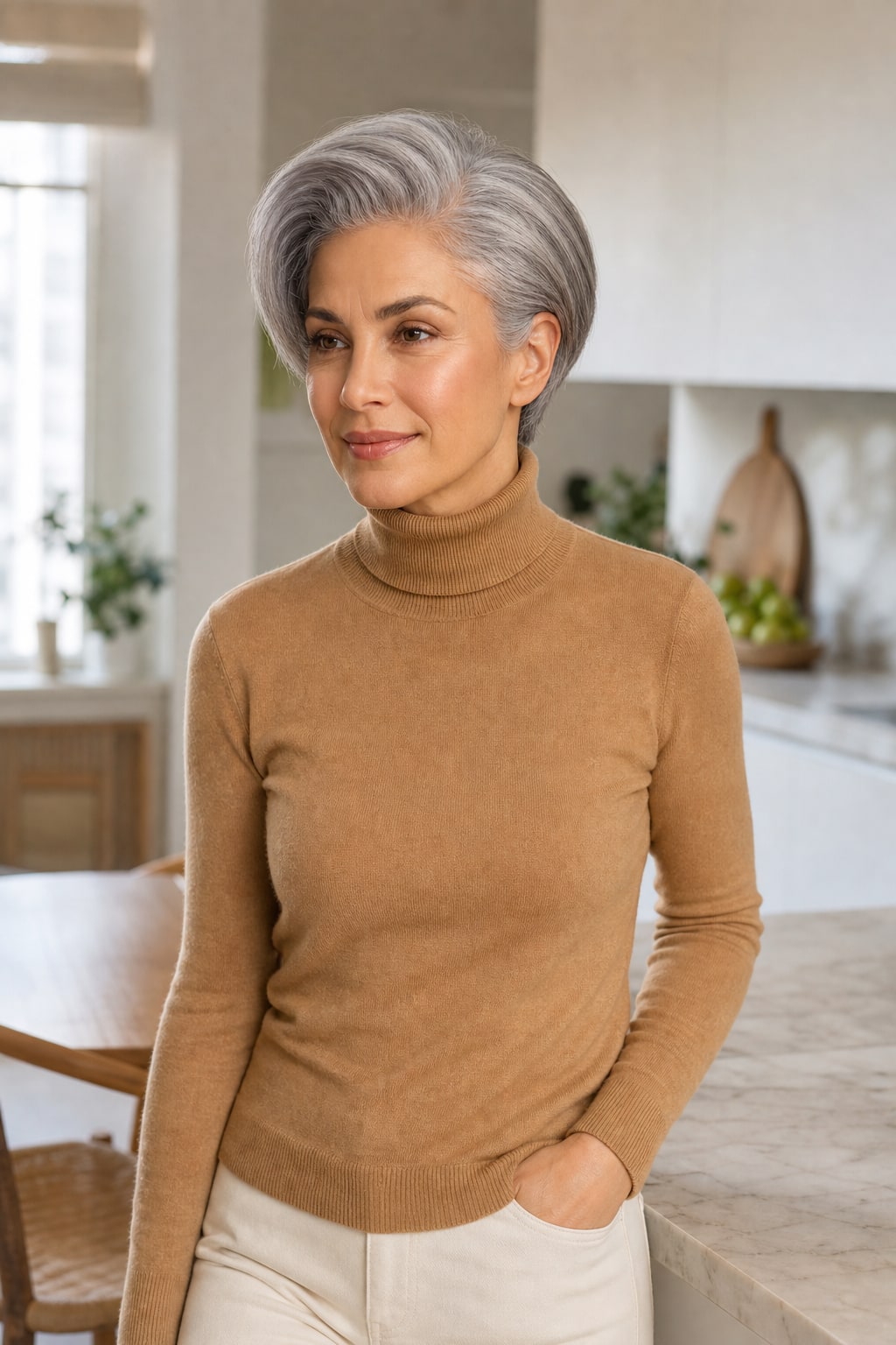 Hair Labs salt and pepper grey pixie bob wig, worn in daylight