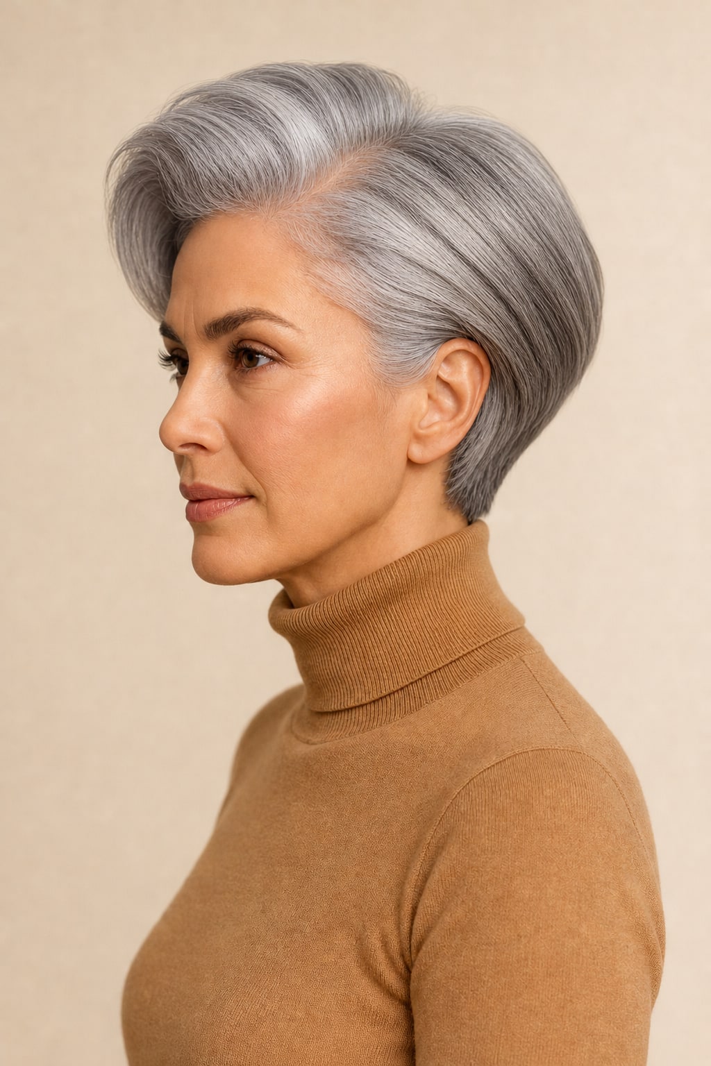 Hair Labs salt and pepper grey pixie bob wig, side profile