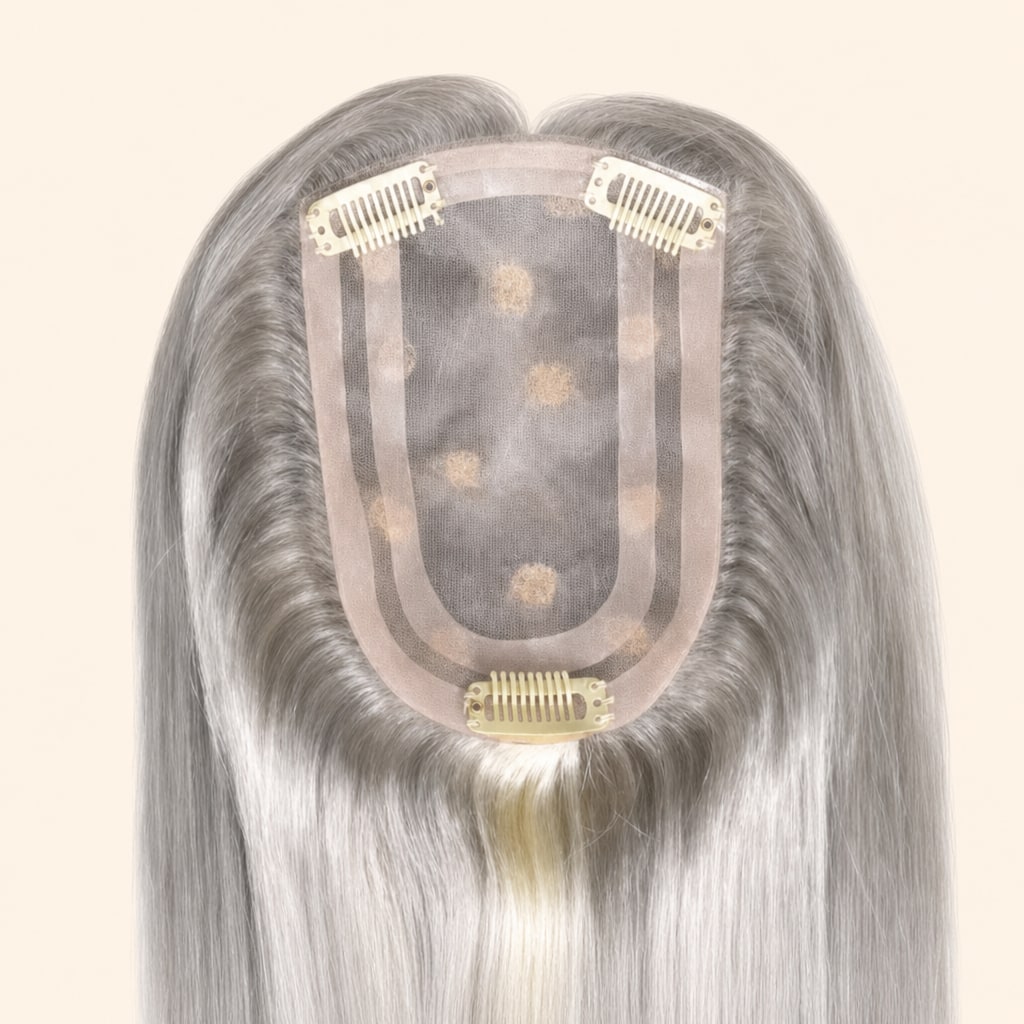 Hair Labs silver grey mono top hair topper, base and clips (underside)