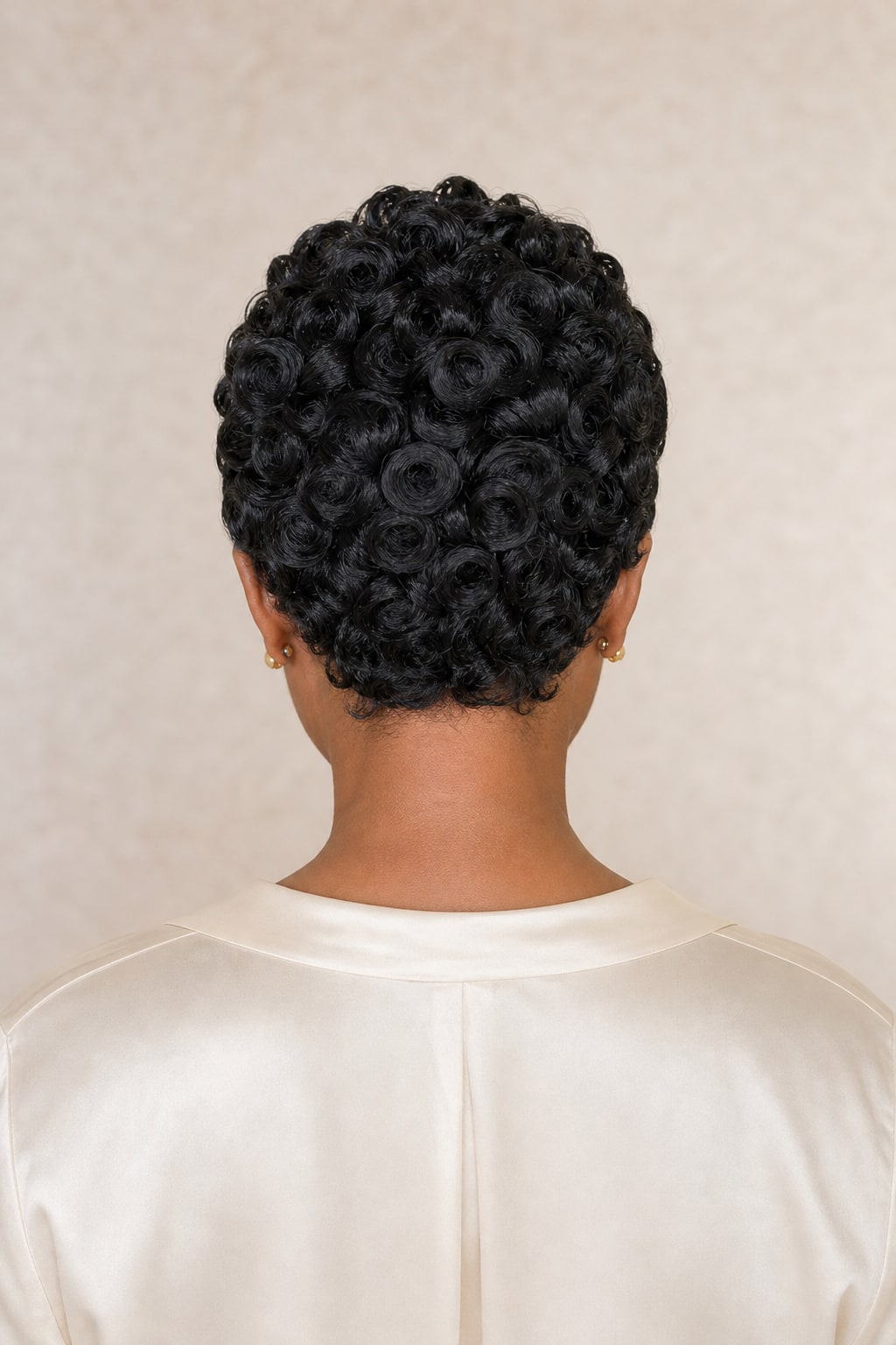 Hair Labs curly pin curl pixie wig, back view