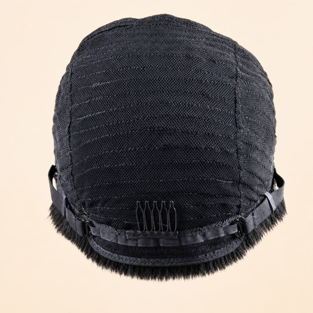 Hair Labs curly pixie wig, inside of the net cap with combs and adjustable strap