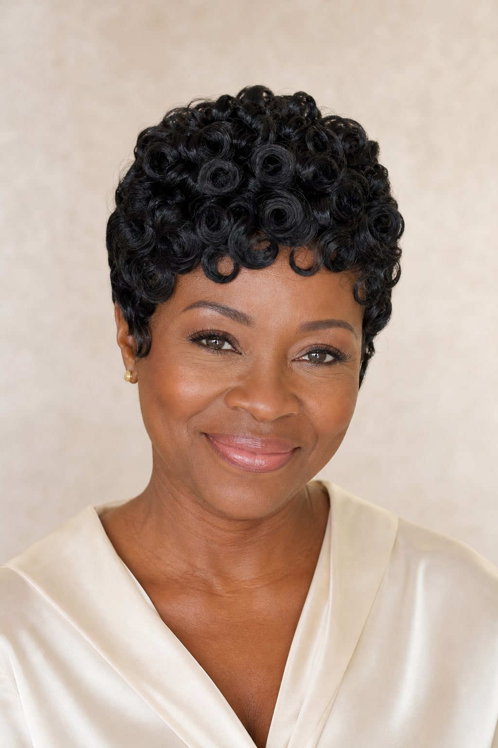 Hair Labs curly pin curl pixie wig with curly fringe, front view