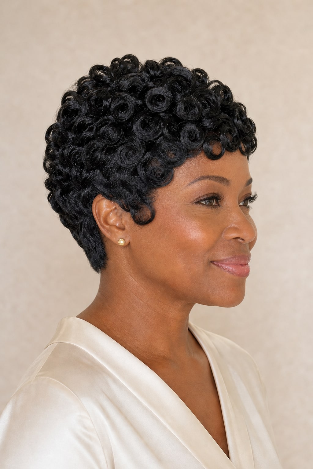 Hair Labs curly pin curl pixie wig, side profile