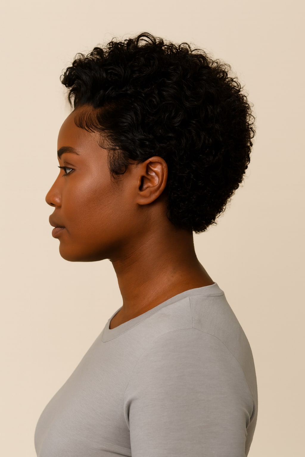 Hair Labs kinky curly pixie wig, side profile