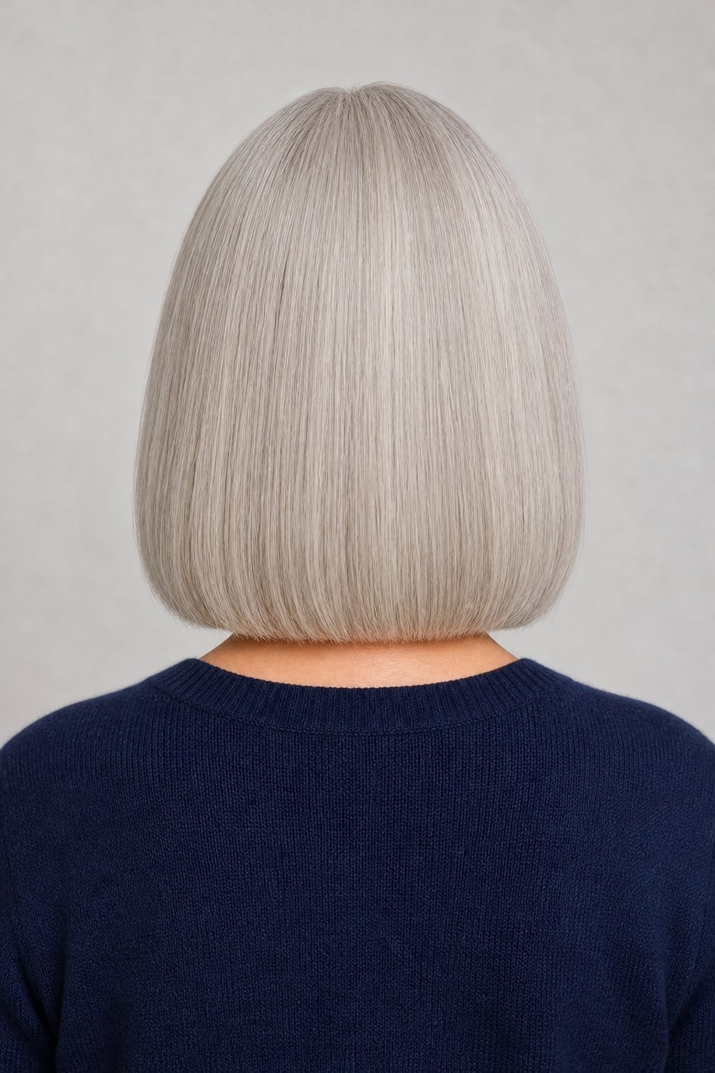 Hair Labs silver grey straight bob wig, back view