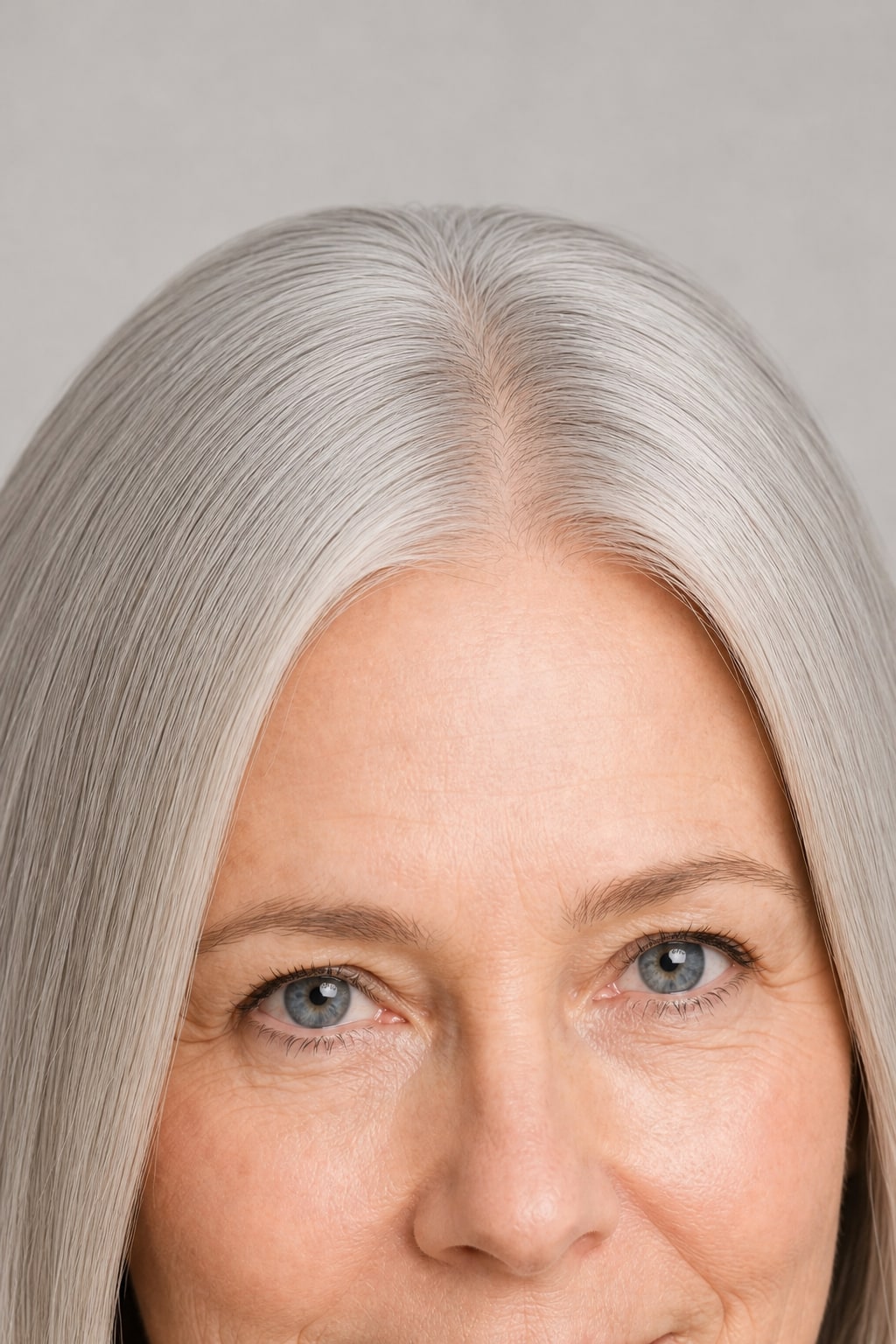 Hair Labs silver grey straight bob wig, hairline and part close-up