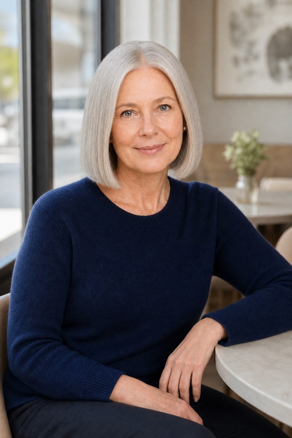 Hair Labs silver grey straight bob wig, worn in daylight
