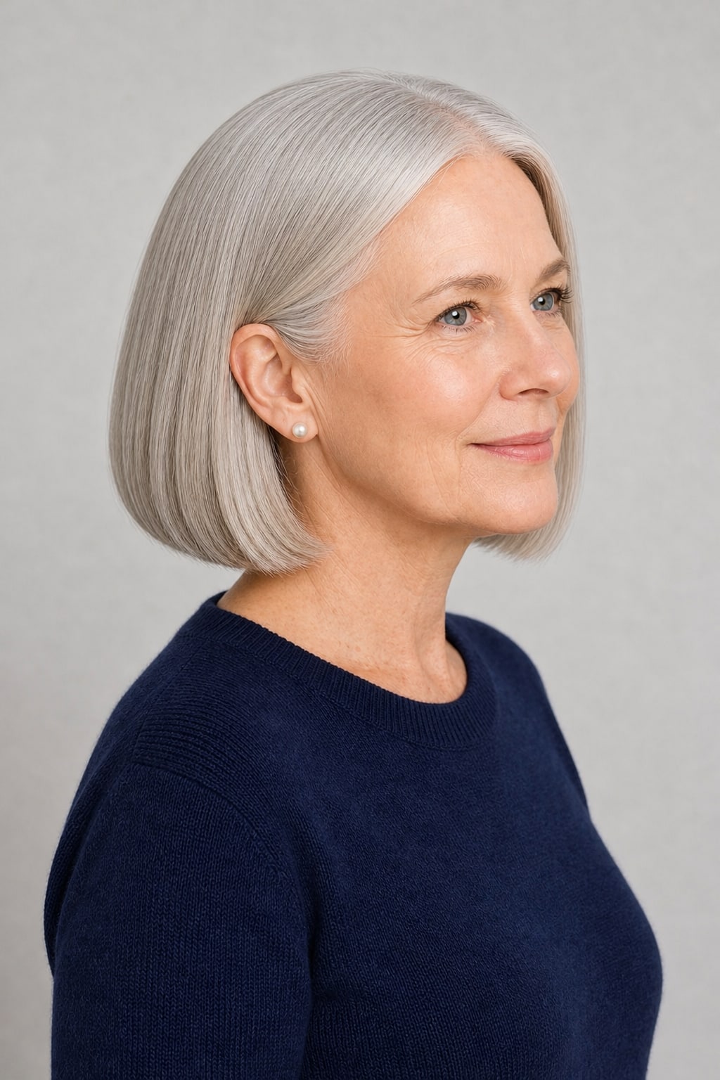 Hair Labs silver grey straight bob wig, side profile