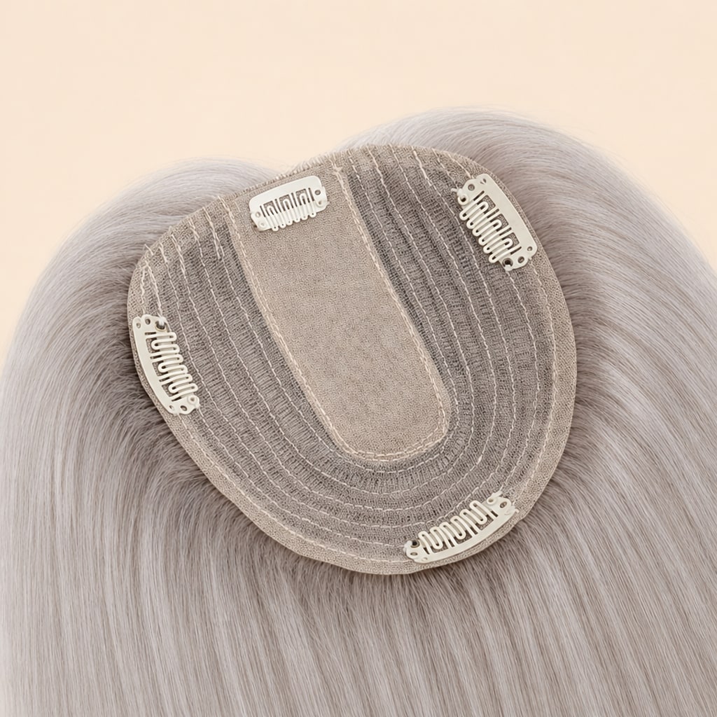 Hair Labs gray hair topper, silk base and four clips (underside)