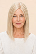 Hair Labs ash blonde #18P613 hair topper, front view, ash blonde base with darker blonde streaks
