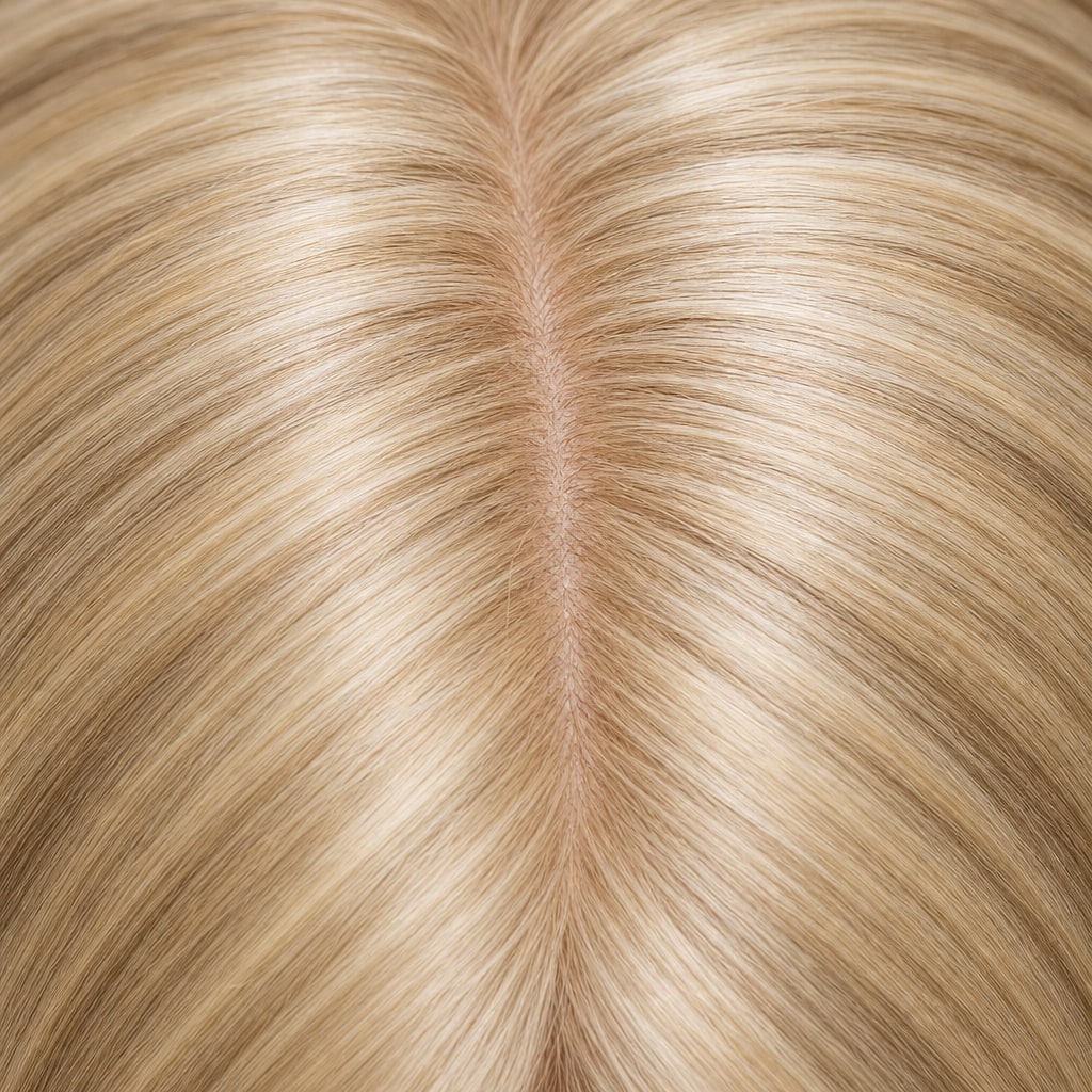 Hair Labs ash blonde #18P613 hair topper, silk part and crown close-up