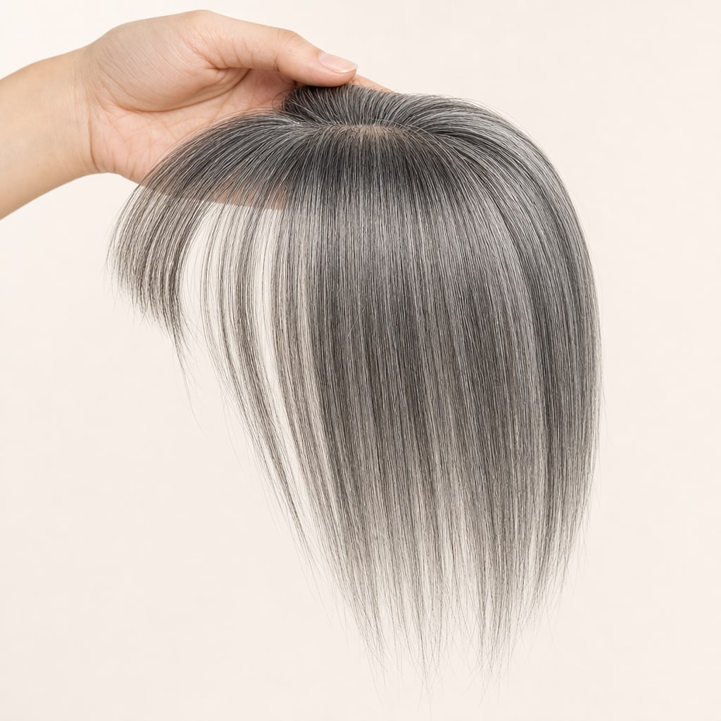 Hair Labs salt and pepper gray hair topper with bangs, the clip-in topper held in the hand, small base with bangs